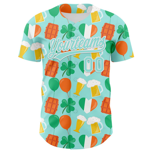 Custom Ice Blue White-Green 3D St. Patrick's Day Shamrock Beer Authentic Baseball Jersey - Sky-Custom