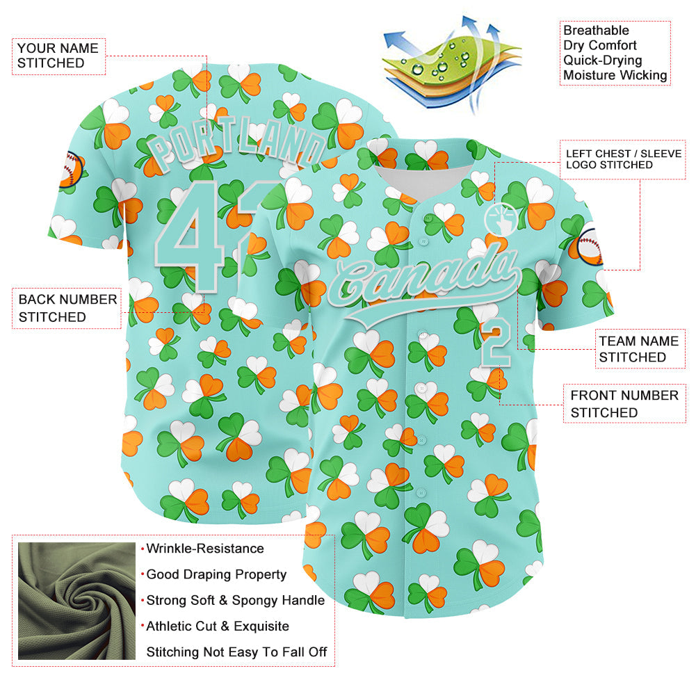 Custom Ice Blue Green-Bay Orange 3D St. Patrick's Day Shamrock Authentic Baseball Jersey - Sky-Custom