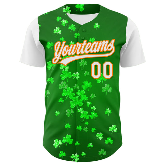 Custom Green White-Bay Orange 3D St. Patrick's Day Shamrock Authentic Baseball Jersey - Sky-Custom