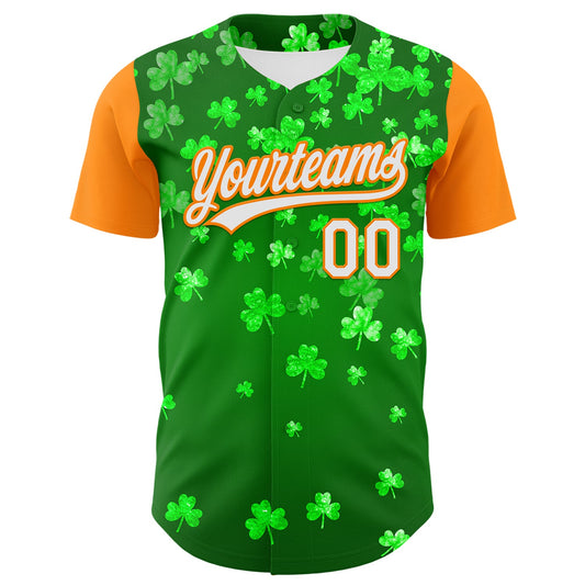 Custom Green White-Bay Orange 3D St. Patrick's Day Shamrock Authentic Baseball Jersey - Sky-Custom