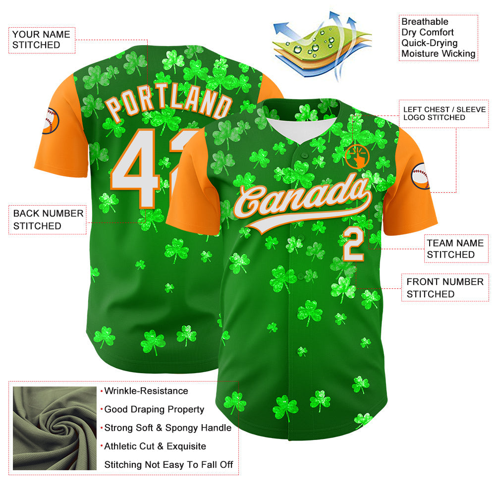 Custom Green White-Bay Orange 3D St. Patrick's Day Shamrock Authentic Baseball Jersey - Sky-Custom