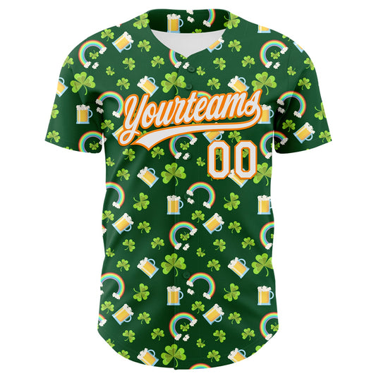Custom Green White-Bay Orange 3D St. Patrick's Day Shamrock Beer Authentic Baseball Jersey - Sky-Custom