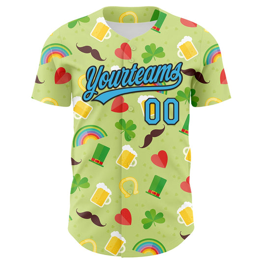 Custom Green Sky Blue-Black 3D St. Patrick's Day Shamrock Beer Authentic Baseball Jersey - Sky-Custom