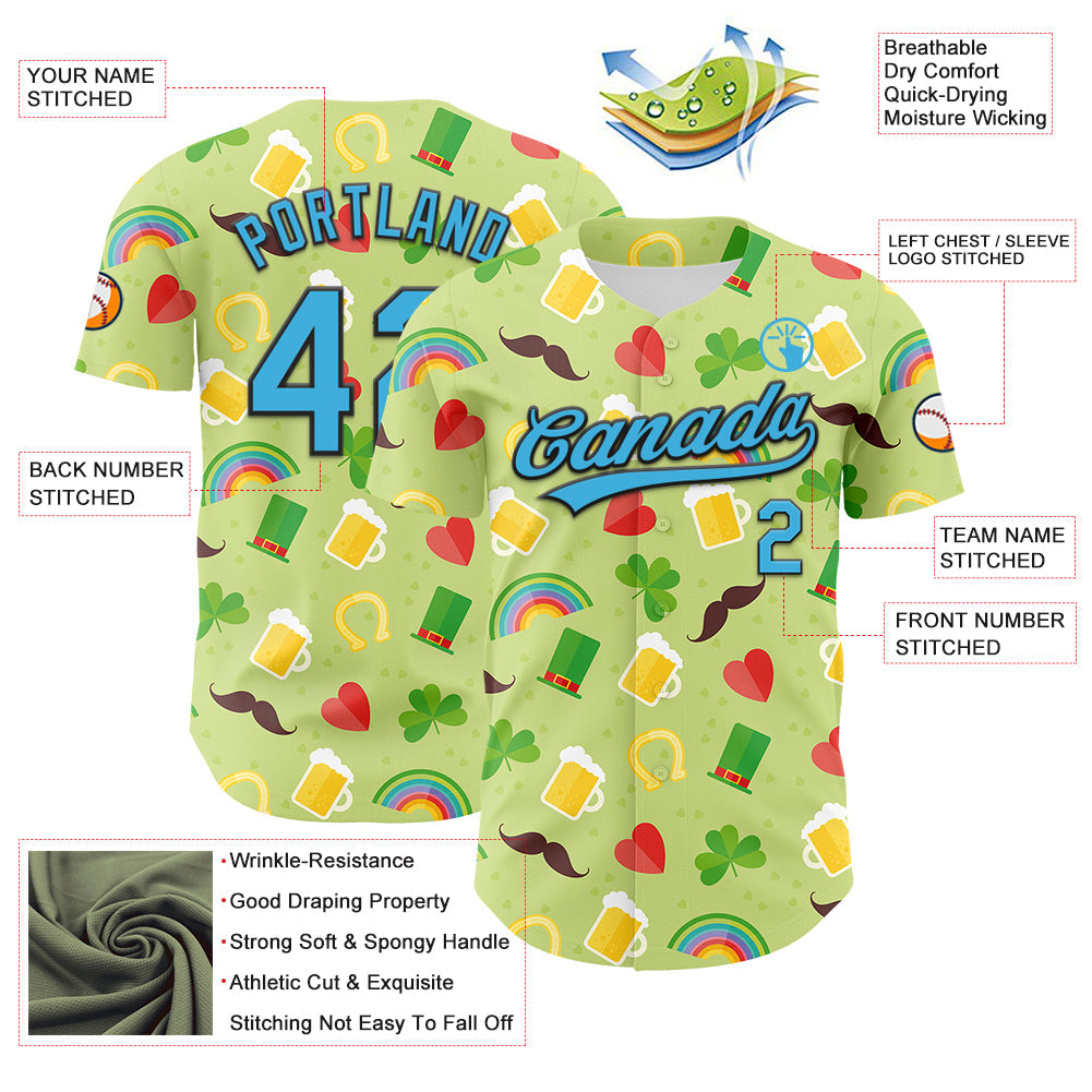 Custom Green Sky Blue-Black 3D St. Patrick's Day Shamrock Beer Authentic Baseball Jersey - Sky-Custom