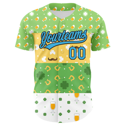 Custom Green Sky Blue Light Yellow-Black 3D St. Patrick's Day Shamrock Beer Authentic Baseball Jersey - Sky-Custom