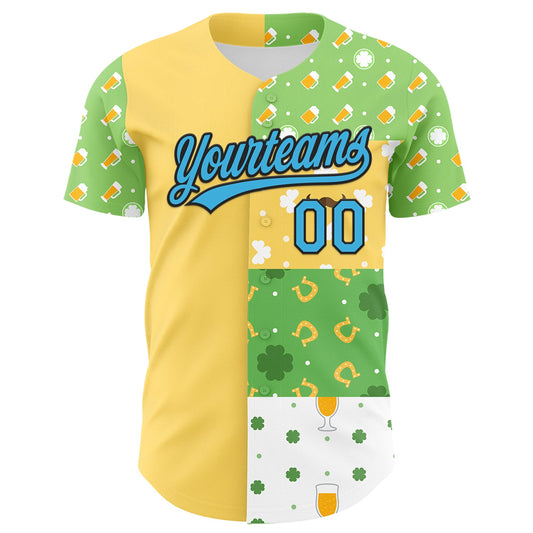 Custom Green Sky Blue Light Yellow-Black 3D St. Patrick's Day Shamrock Beer Authentic Baseball Jersey - Sky-Custom