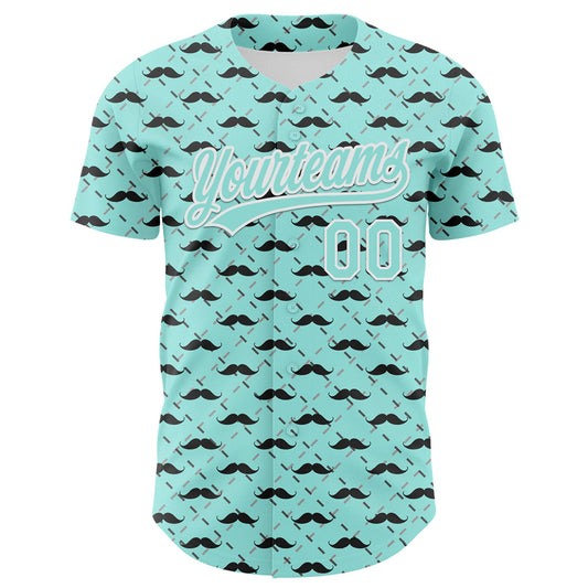 Custom Ice Blue White 3D Pattern Design Father's Day Mustache Authentic Baseball Jersey - Sky-Custom