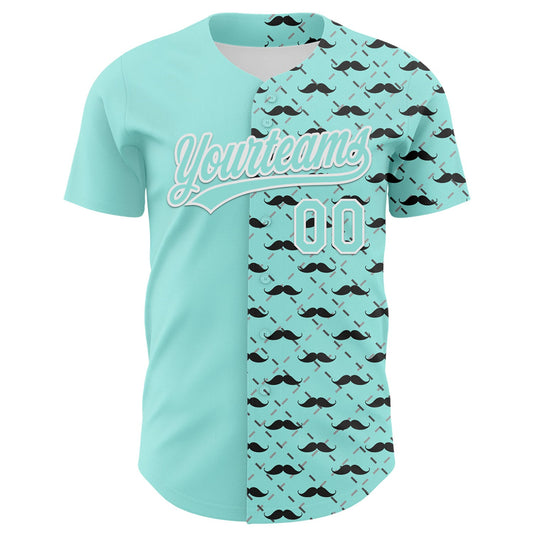 Custom Ice Blue White 3D Pattern Design Father's Day Mustache Authentic Baseball Jersey - Sky-Custom