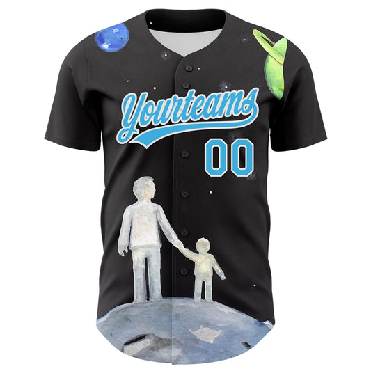 Custom Black Sky Blue-White 3D Pattern Design Father's Day Family Love Authentic Baseball Jersey - Sky-Custom