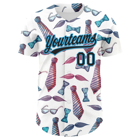 Custom White Black-Sky Blue 3D Pattern Design Father's Day Mustache And Tie Authentic Baseball Jersey - Sky-Custom