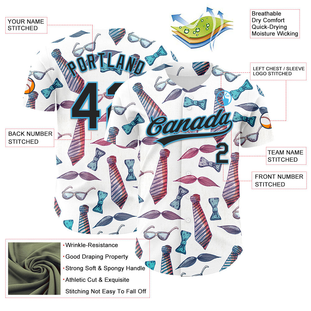 Custom White Black-Sky Blue 3D Pattern Design Father's Day Mustache And Tie Authentic Baseball Jersey - Sky-Custom