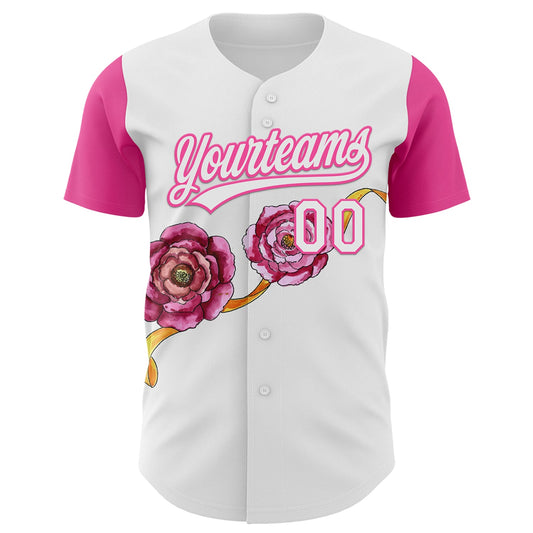 Custom White Pink 3D Pattern Design Mother's Day Flower Authentic Baseball Jersey - Sky-Custom