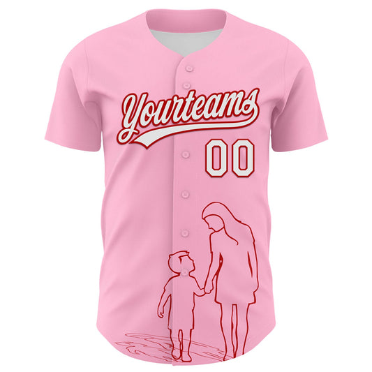 Custom Light Pink White-Red 3D Pattern Design Mother's Day Family Love Authentic Baseball Jersey - Sky-Custom