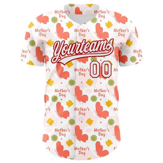 Custom White Red 3D Pattern Design Mother's Day Love Authentic Baseball Jersey - Sky-Custom