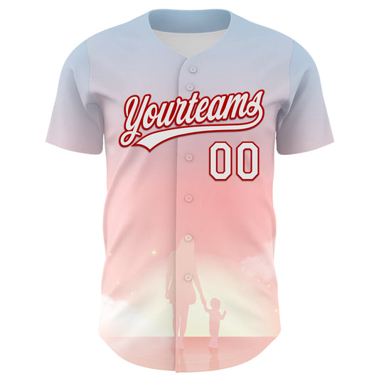 Custom Light Pink White-Red 3D Pattern Design Mother's Day Family Love Authentic Baseball Jersey - Sky-Custom