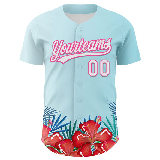 Custom Ice Blue White-Pink 3D Pattern Design Mother's Day Flower Authentic Baseball Jersey - Sky-Custom
