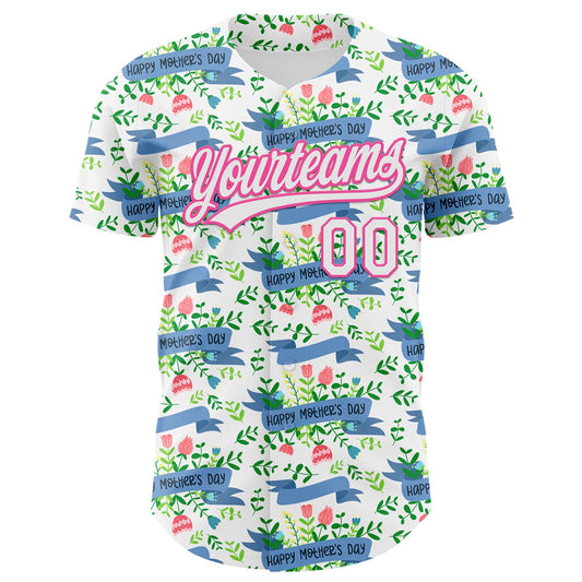 Custom White Pink 3D Pattern Design Mother's Day Flower Authentic Baseball Jersey - Sky-Custom