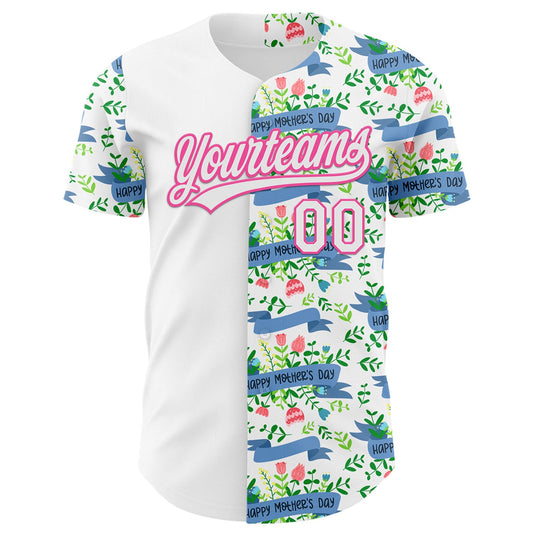 Custom White Pink 3D Pattern Design Mother's Day Flower Authentic Baseball Jersey - Sky-Custom
