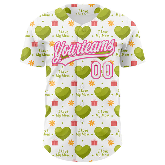 Custom White Pink 3D Pattern Design Mother's Day Love Authentic Baseball Jersey - Sky-Custom