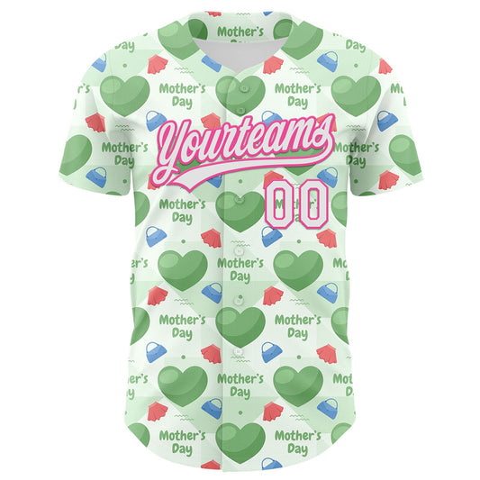 Custom Green White-Pink 3D Pattern Design Mother's Day Love Authentic Baseball Jersey - Sky-Custom