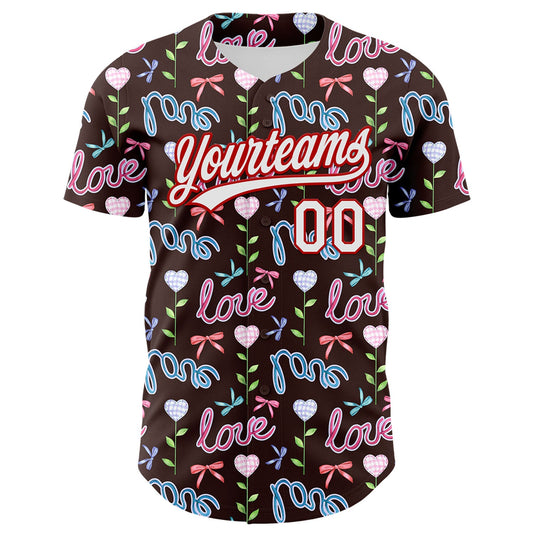 Custom Brown White-Red 3D Pattern Design Mother's Day Love Authentic Baseball Jersey - Sky-Custom
