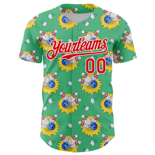 Custom Green Fire Red-White Comic Doodle Ballgame 3D Pattern Design Authentic Baseball Jersey - Sky-Custom
