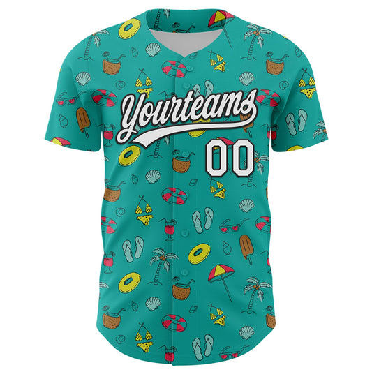 Custom Aqua White-Black 3D Hawaii Tropical Palm Tree And Beach Authentic Baseball Jersey - Sky-Custom