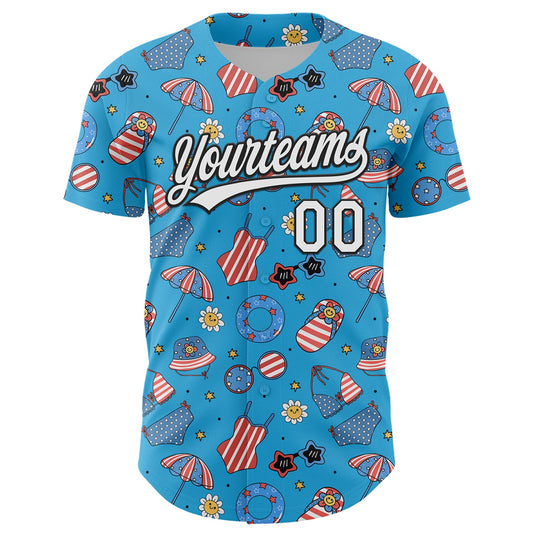 Custom Sky Blue White-Black 3D Hawaii Beach Authentic Baseball Jersey - Sky-Custom
