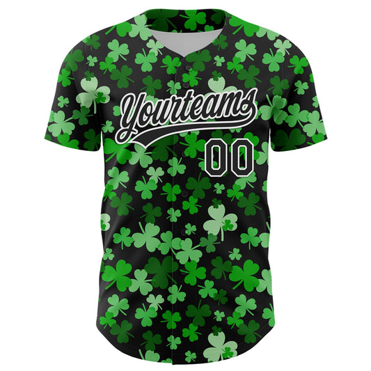 Custom Black White 3D St. Patrick's Day Shamrock Authentic Baseball Jersey - Sky-Custom