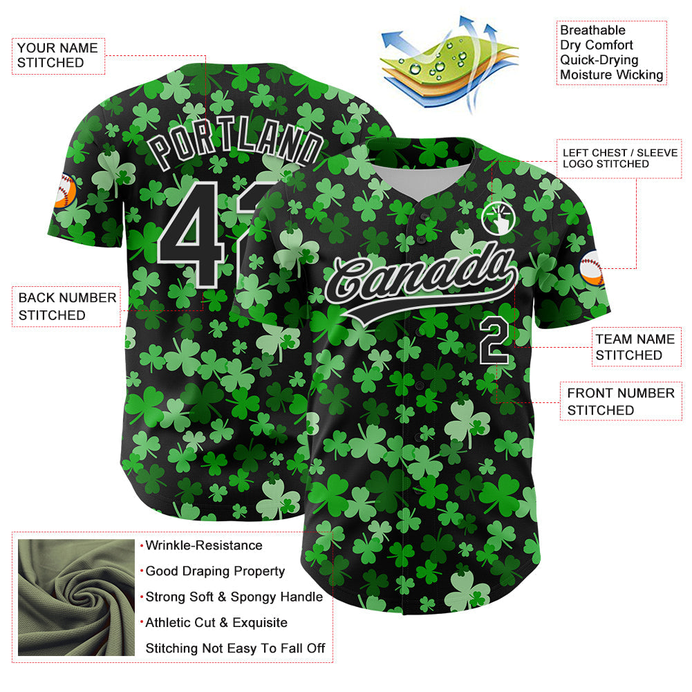 Custom Black White 3D St. Patrick's Day Shamrock Authentic Baseball Jersey - Sky-Custom