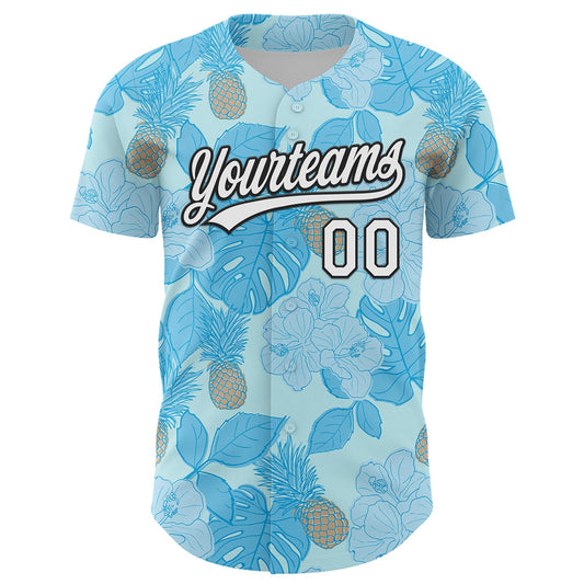 Custom Ice Blue White-Black 3D Hawaii Tropical Palm Leaves And Fruit Pineapple Authentic Baseball Jersey - Sky-Custom