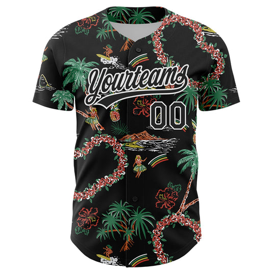 Custom Black White 3D Hawai Island Tropical Palm Tree And Flower Authentic Baseball Jersey - Sky-Custom