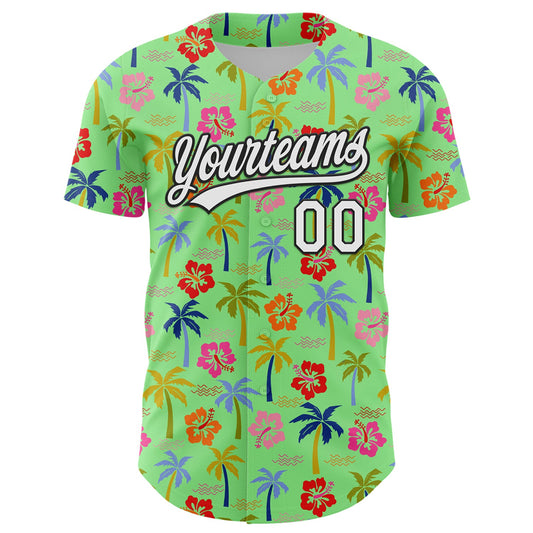 Custom Pea Green White-Black 3D Hawai Tropical Palm Tree And Flower Authentic Baseball Jersey - Sky-Custom