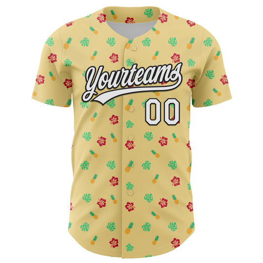 Custom Yellow White-Black 3D Hawaii Tropical Palm Leaves And Fruit Pineapple Authentic Baseball Jersey - Sky-Custom