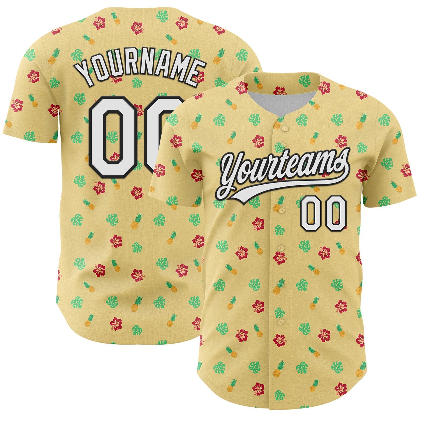 Custom Yellow White-Black 3D Hawaii Tropical Palm Leaves And Fruit Pineapple Authentic Baseball Jersey - Sky-Custom
