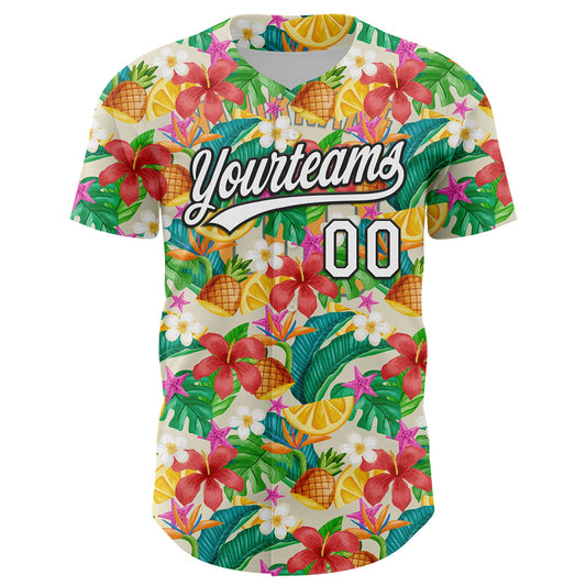 Custom Yellow White-Black 3D Hawaii Tropical Palm Leaves Flower And Fruit Pineapple Authentic Baseball Jersey - Sky-Custom