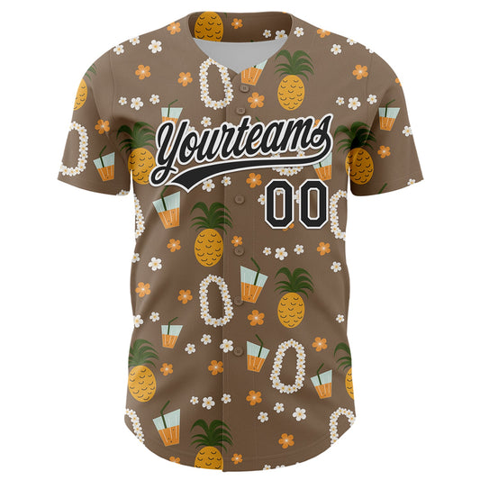 Custom Brown Black-White 3D Hawaii Flower And Fruit Pineapple Authentic Baseball Jersey - Sky-Custom