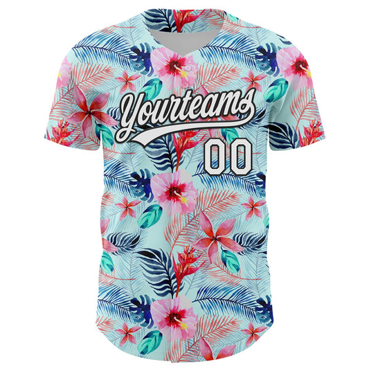 Custom Ice Blue White-Black 3D Hawaii Tropical Palm Leaves And Flower Authentic Baseball Jersey - Sky-Custom