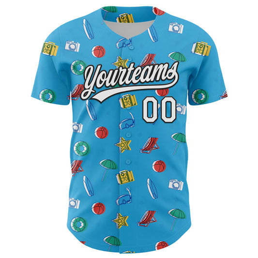 Custom Sky Blue White-Black 3D Hawaii Beach Holiday Authentic Baseball Jersey - Sky-Custom