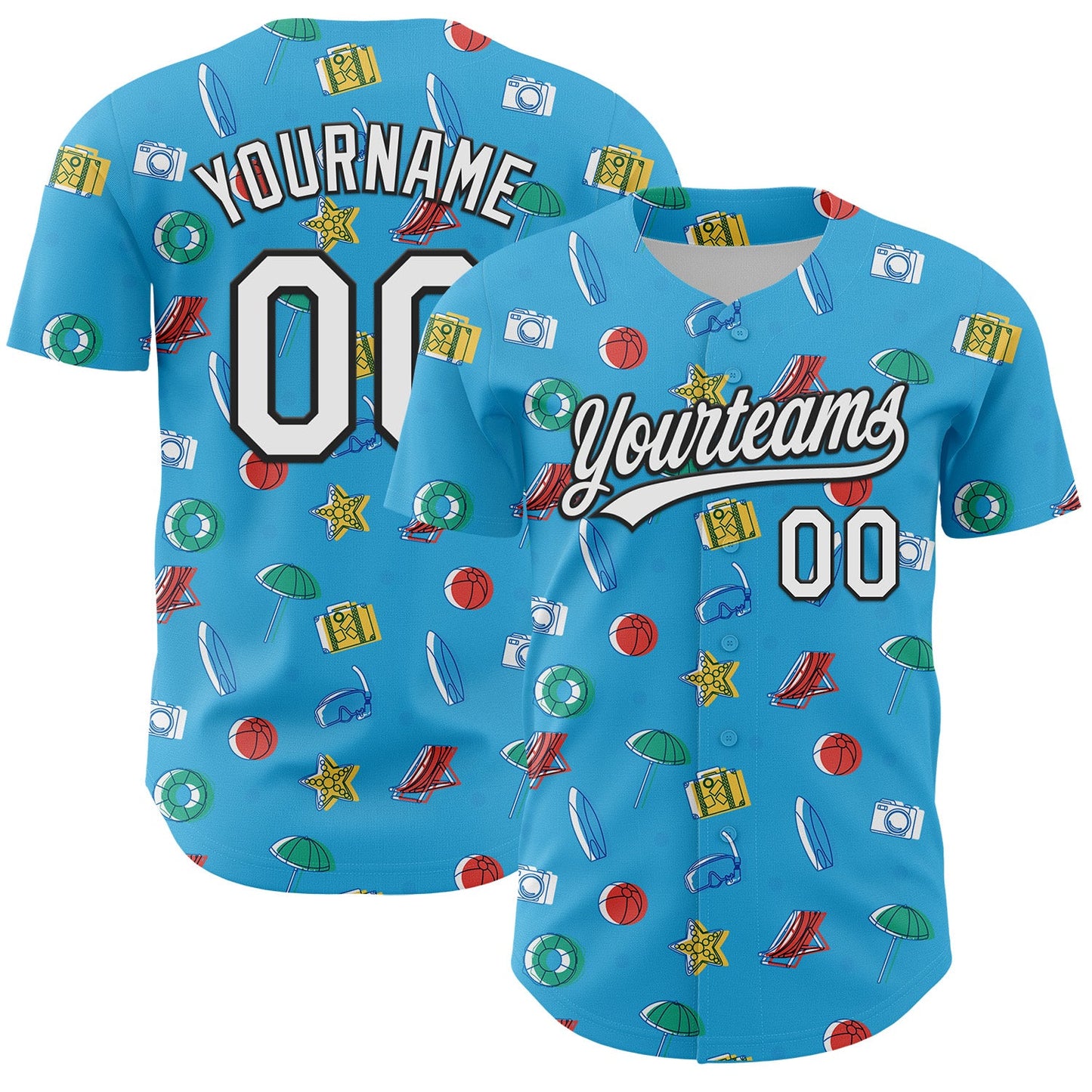 Custom Sky Blue White-Black 3D Hawaii Beach Holiday Authentic Baseball Jersey - Sky-Custom