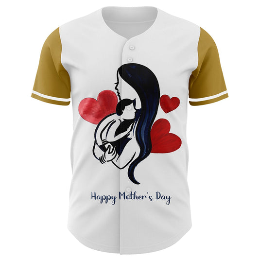 Custom White Old Gold 3D Pattern Design Mother's Day Family Love Authentic Baseball Jersey - Sky-Custom