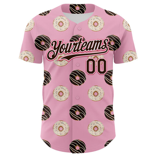 Custom Light Pink Brown-Neon Pink 3D Pattern Design Foodie Food Dessert Doughnut Authentic Baseball Jersey - Sky-Custom