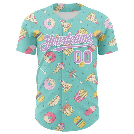 Custom Ice Blue Light Purple-White 3D Pattern Design Foodie Fast Food Burger Fries Pizza Authentic Baseball Jersey - Sky-Custom