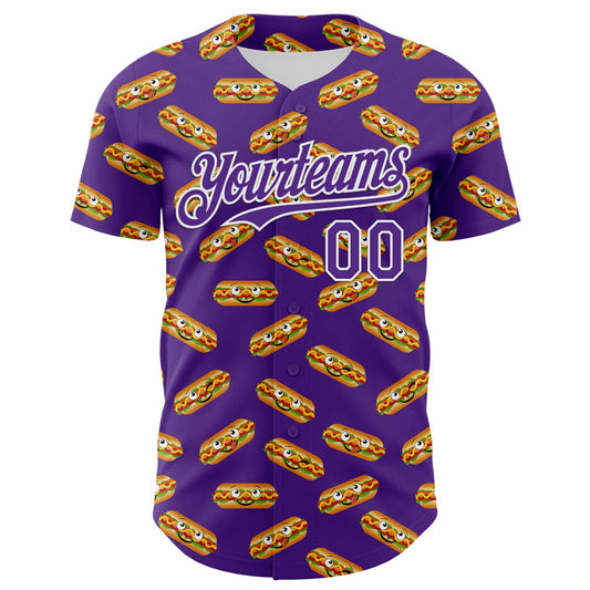 Custom Purple White 3D Pattern Design Foodie Fast Food Hot Dog Authentic Baseball Jersey - Sky-Custom
