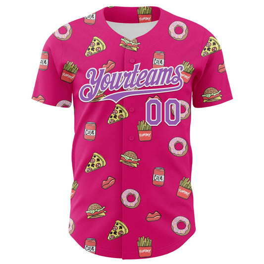 Custom Hot Pink Medium Purple-White 3D Pattern Design Foodie Fast Food Pizza Donut Cola Authentic Baseball Jersey - Sky-Custom