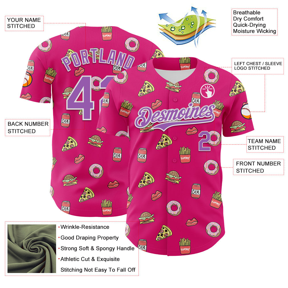 Custom Hot Pink Medium Purple-White 3D Pattern Design Foodie Fast Food Pizza Donut Cola Authentic Baseball Jersey - Sky-Custom