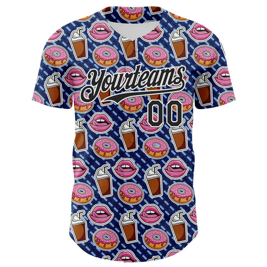 Custom US Navy Blue Black-White 3D Pattern Design Foodie Food Dessert Milkshake Donut Authentic Baseball Jersey - Sky-Custom