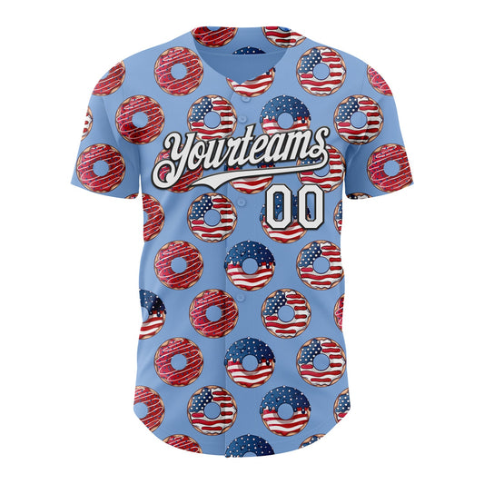 Custom Light Blue White-Black 3D Pattern Design USA Flag Foodie Food Dessert Donut Authentic Baseball Jersey - Sky-Custom