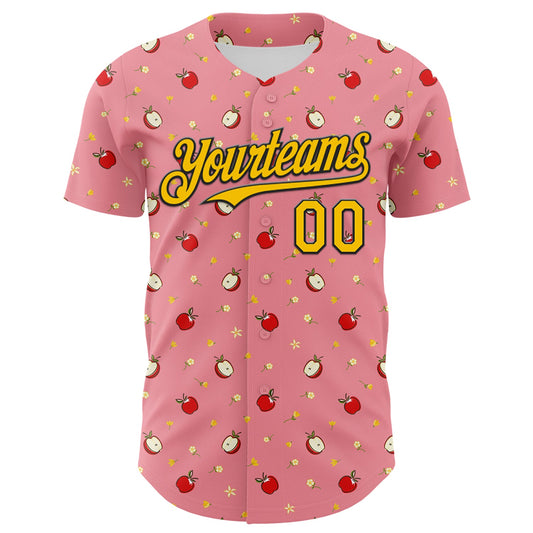 Custom Medium Pink Yellow-Black 3D Pattern Design Foodie Food Fruit Apple Authentic Baseball Jersey - Sky-Custom