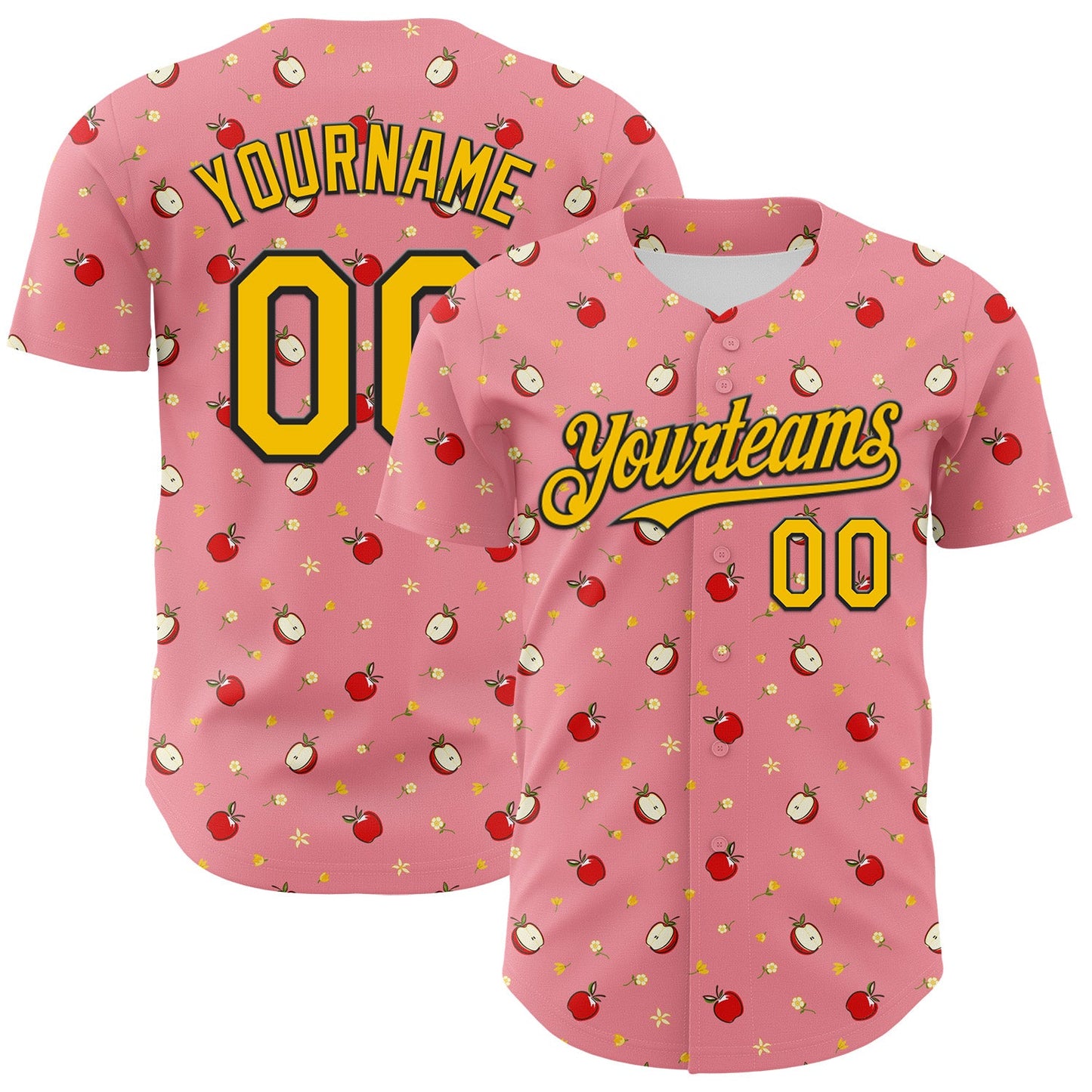 Custom Medium Pink Yellow-Black 3D Pattern Design Foodie Food Fruit Apple Authentic Baseball Jersey - Sky-Custom